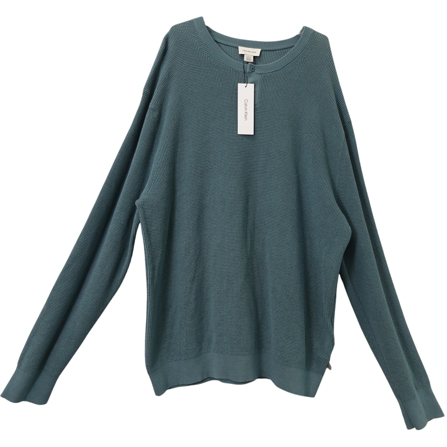 Calvin Klein Jeans Men's Cotton Waffle Henley Sweater Teal- 2xl